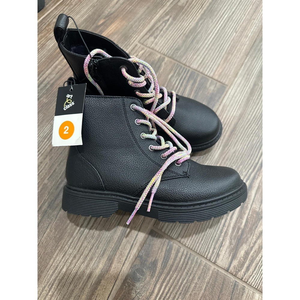 Art Class Combat Boots Kids Size 2 Black Rainbow Laces Side Zip NWT